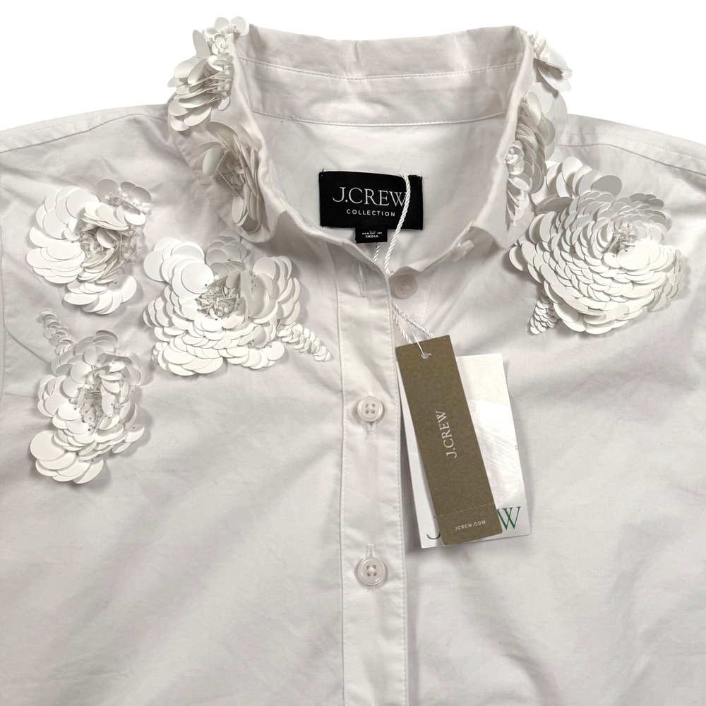 J Crew Collection Cropped Button Up Shirt Womens 00 White Floral Appliques New